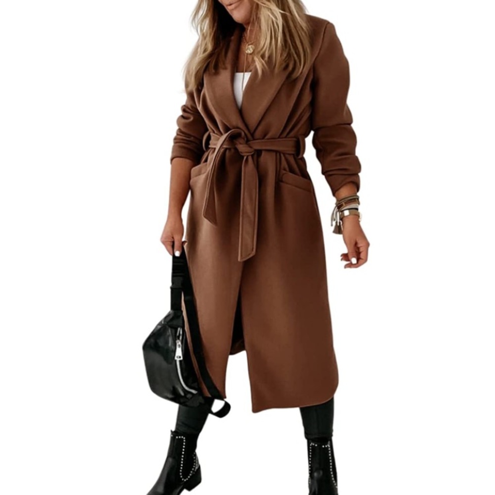 Brown Classic Coat Lapel Collar Open Front Belted Long Jacket - Picture 3 of 6